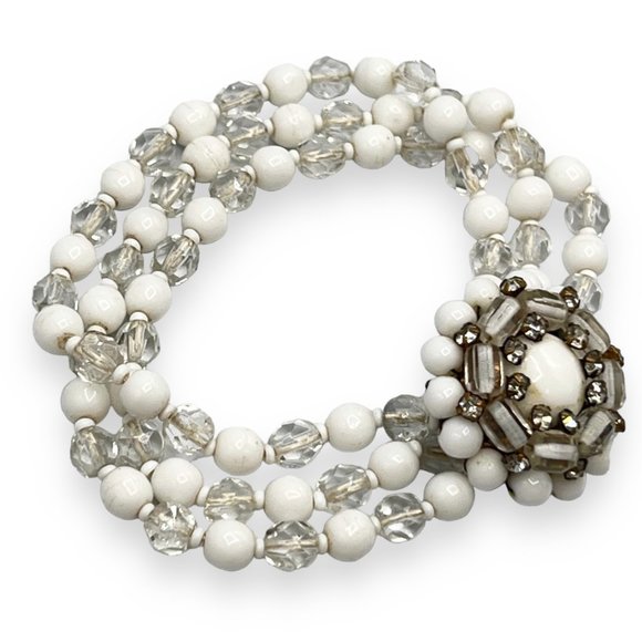 Vtg White Milk Glass & Faceted Crystal Bead Multi-Strand Bracelet w/Fancy Clasp - Picture 3 of 8